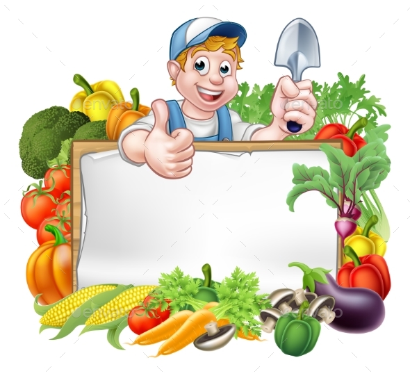 Cartoon Gardener Vegetables Sign - Food Objects