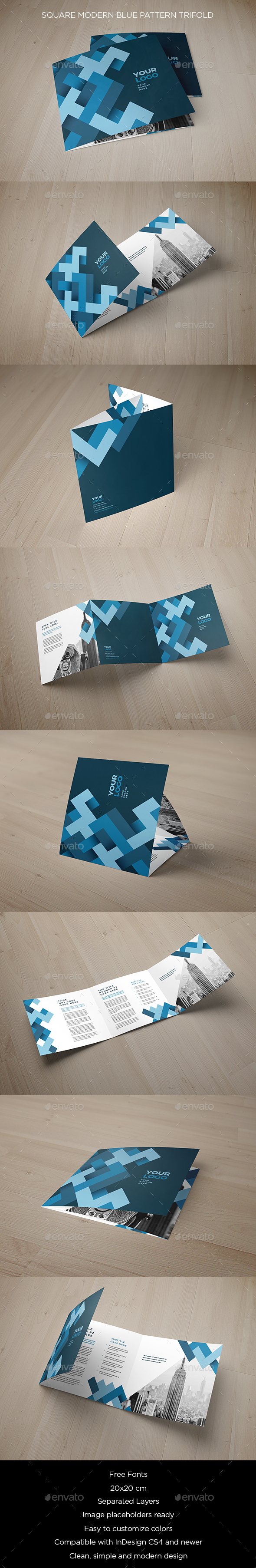 Square Modern Blue Pattern Trifold - Brochures Print Templates