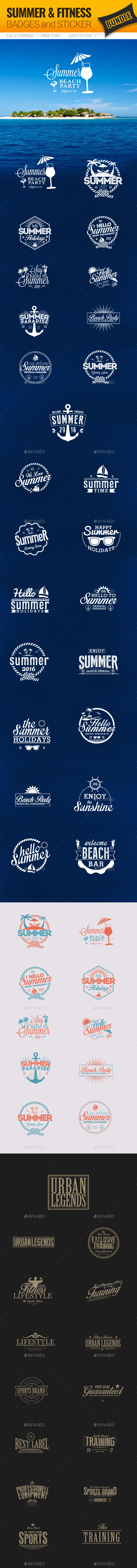 Summer & Fitness Badges and Sticker - Bundle - Badges & Stickers Web Elements