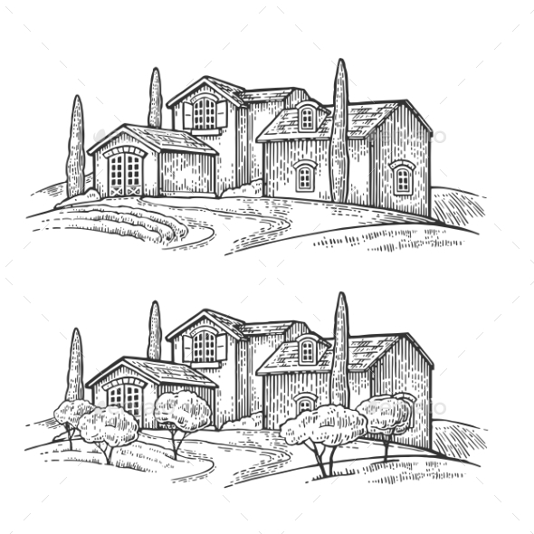 Rural Landscape with Villa or Farm with Field - Buildings Objects