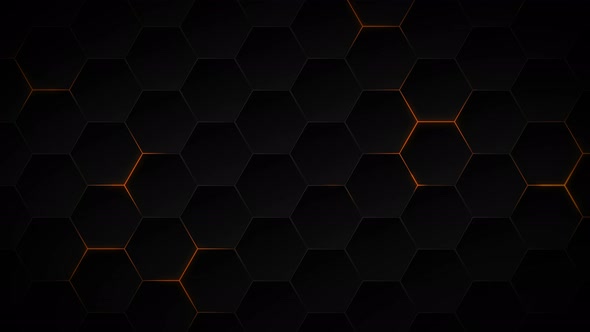 Abstract dark hexagon pattern on orange neon background technology style.  by Hyper-Set