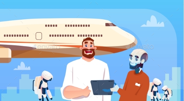 Chat Bot Robots And Man Using Tablet Computer - Technology Conceptual
