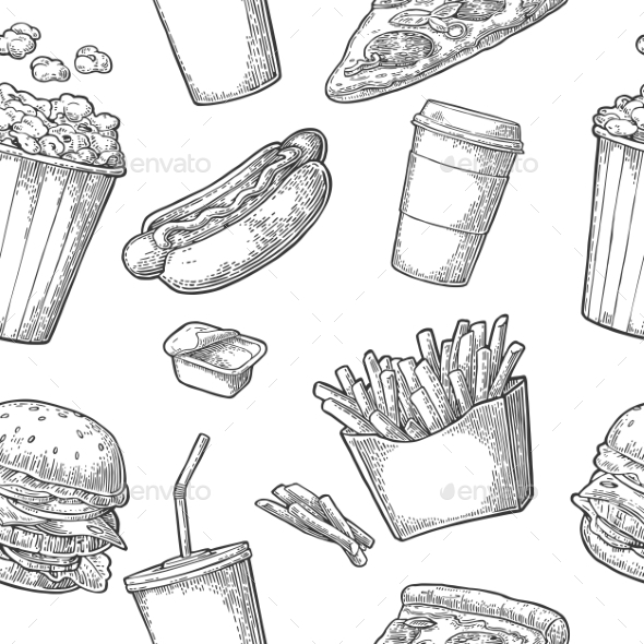 Seamless Pattern of Fast Food - Food Objects