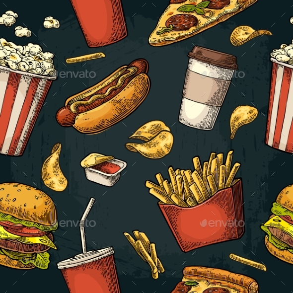 Seamless Pattern of Fast Food - Food Objects