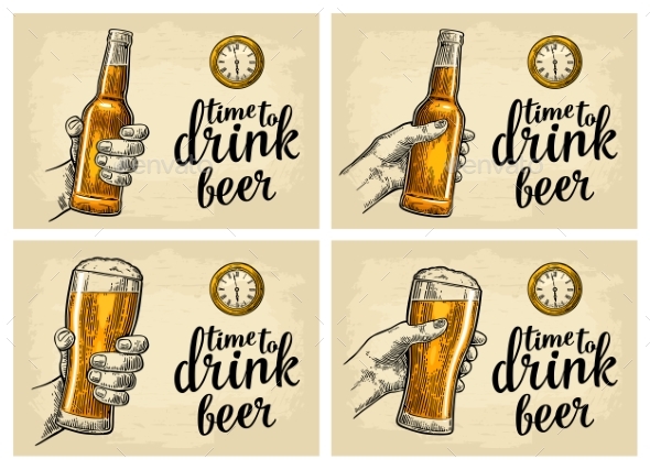 Male Hand Holding Bottle Beer and Antique Watch - Miscellaneous Vectors