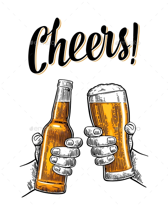 Two Hands Holding and Clinking with Beer Glasses - Food Objects