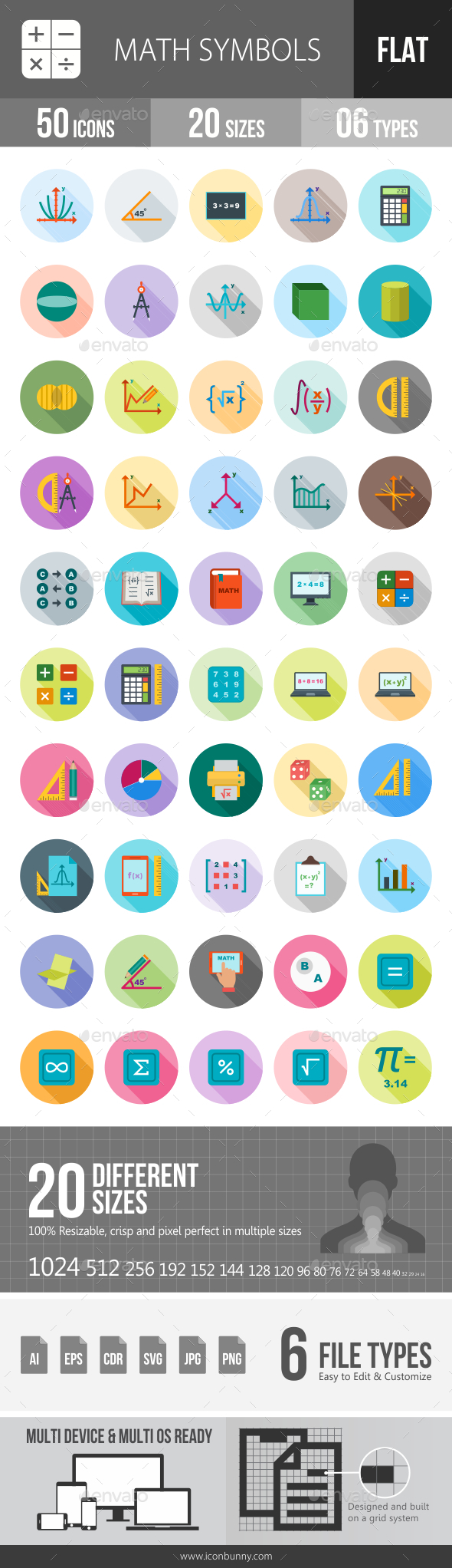 Math Symbols Flat Shadowed Icons - Icons