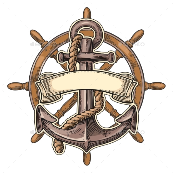 Anchor and Wheel with Ribbon Isolated on Beige - Decorative Symbols Decorative