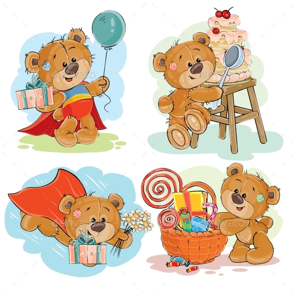 Set of Vector Clip Art Illustrations of Brown Bear - Animals Characters