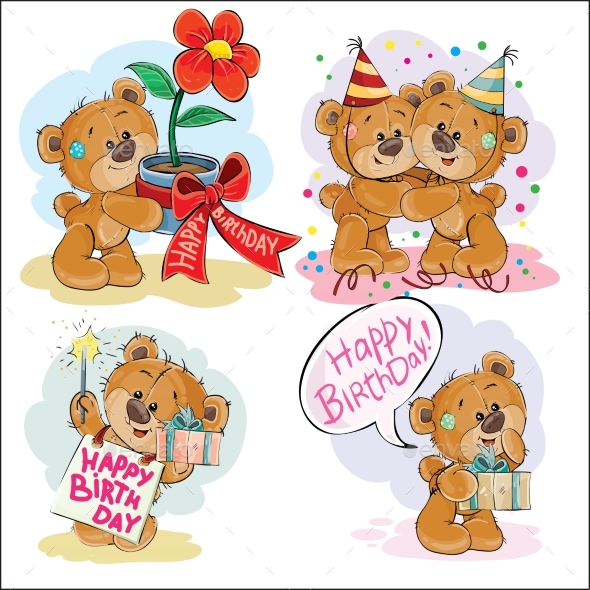 Set of Vector Clip Art Illustrations of Brown Bears - Animals Characters