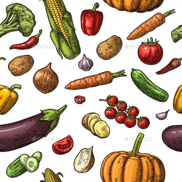 Seamless Pattern Vegetables - Food Objects