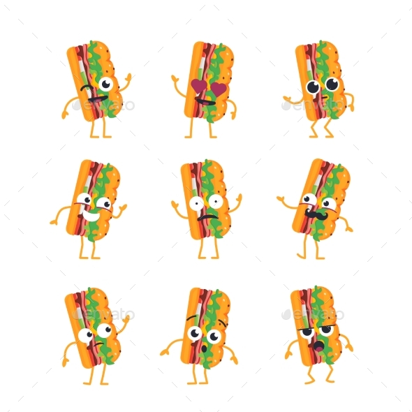 Sub Character - Vector Set of Mascot Illustrations - Food Objects