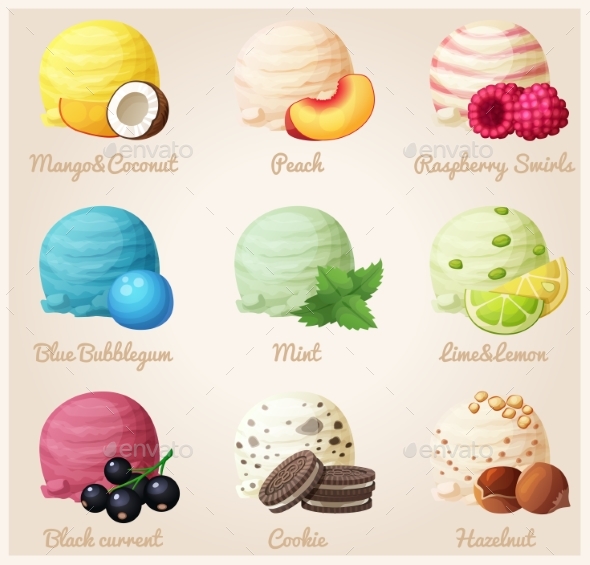 Set of Cartoon Vector Icons. Ice Cream Scoops - Food Objects