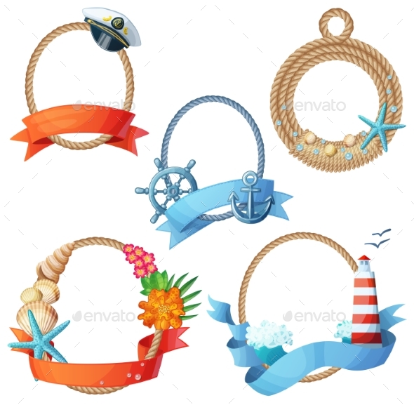 Set of Sea Frames. Ropes with Anchors, Seashells - Miscellaneous Vectors