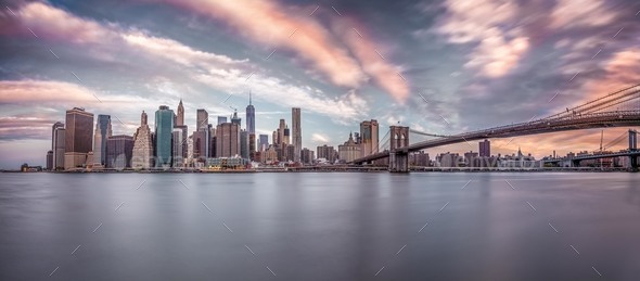 Manhattan panorama at sunrise - Stock Photo - Images