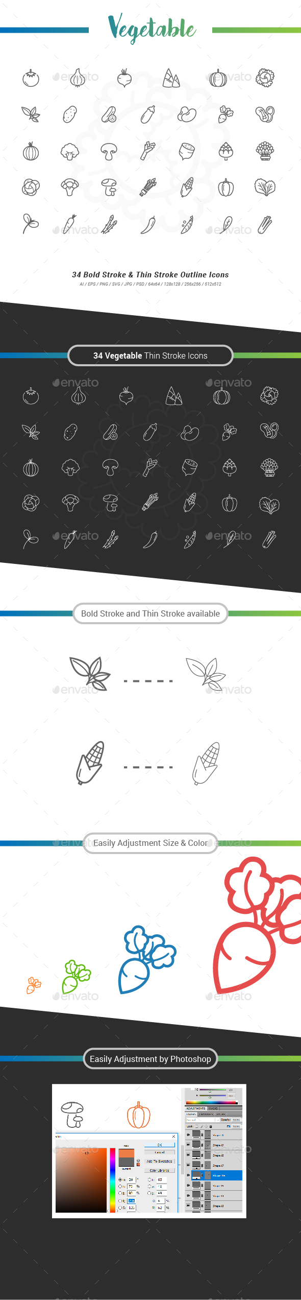 34 Vegetable Outline Stroke Icon - Food Objects