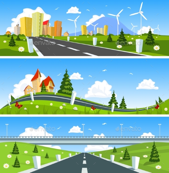 Scenic Road Through the Countryside. Vector - Landscapes Nature