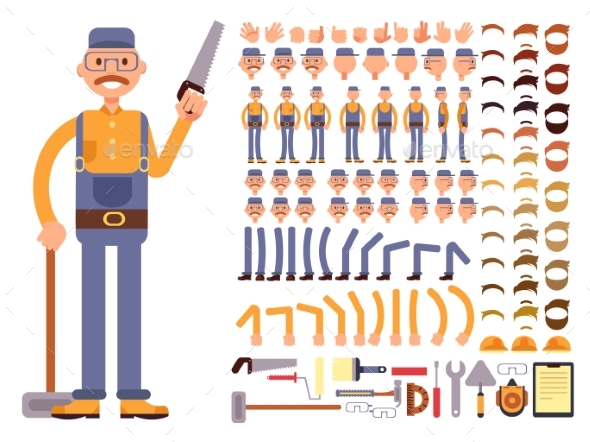 Cartoon Man Construction Worker in Jumpsuit Vector - People Characters