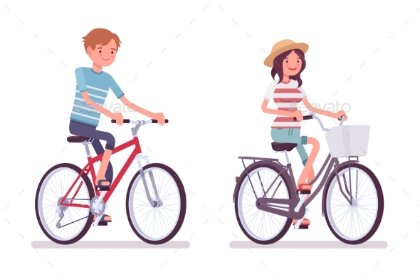 Young Man and Woman Cycling a Bike - People Characters