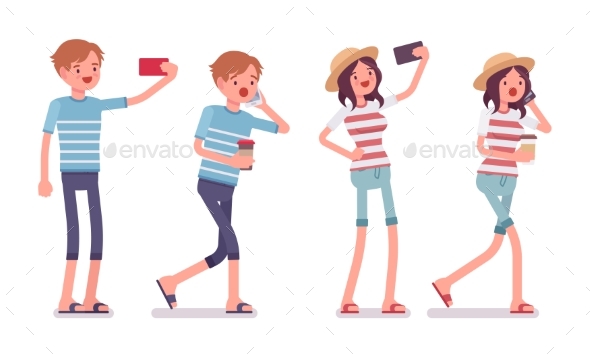 Young Man and Woman with Different Gadgets - People Characters