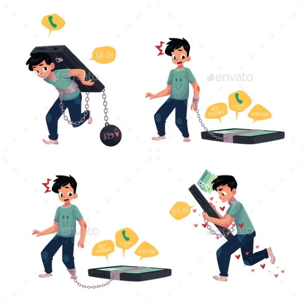 Teenage Boy Chained to Smartphone - People Characters