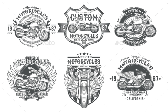 Set of Black Vintage Motorcycle Badges - Miscellaneous Vectors