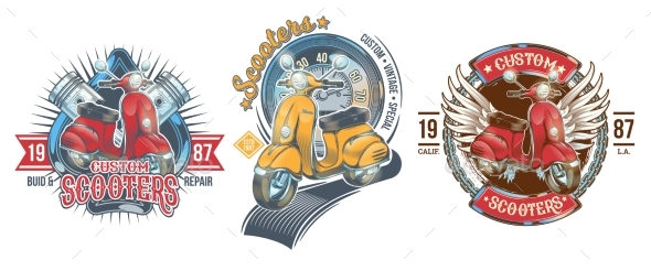 Set of Color Vintage Scooter Badges - Decorative Symbols Decorative