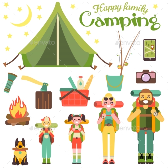 Happy Family Go Camping. Vector Illustration. - Landscapes Nature