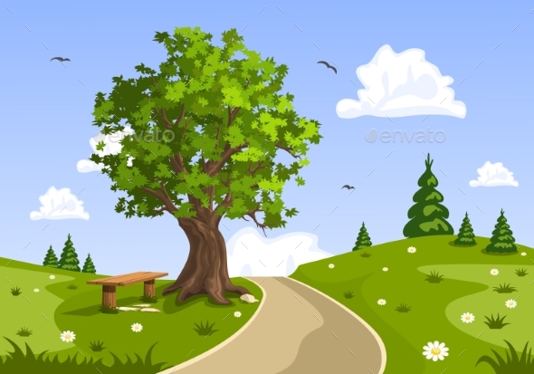 Serene Summer Day Landscape. Nature Vector - Landscapes Nature