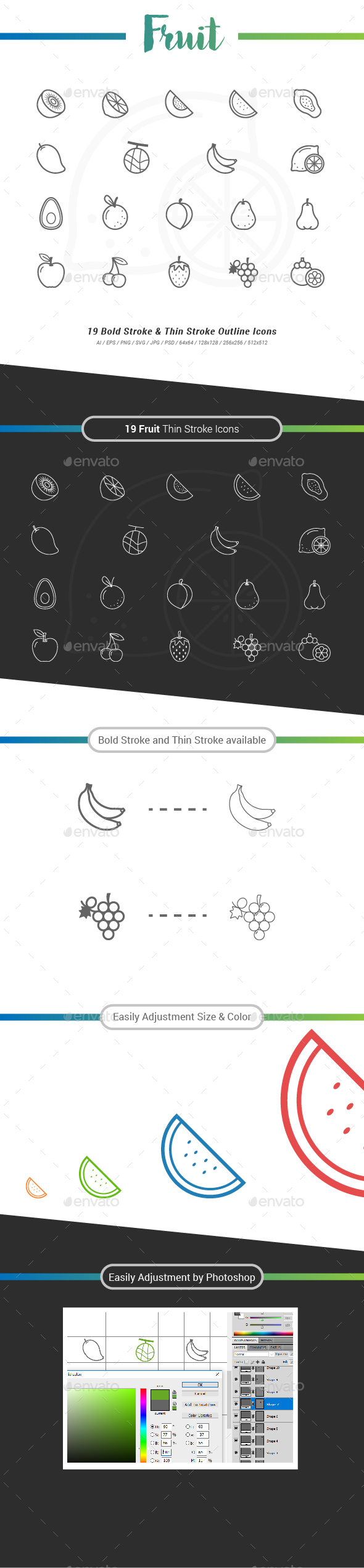 19 Fruit Outline Stroke Icons - Food Objects