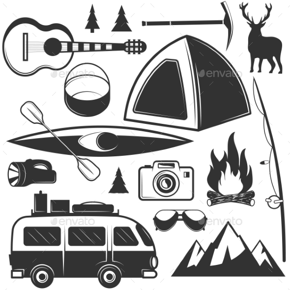 Set of Camping Objects Isolated on White - Decorative Symbols Decorative
