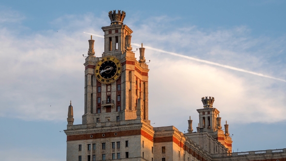 Moscow University Clock Tower Sunset.