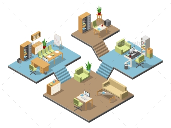 Different Isometric Modern Offices with Furniture - Miscellaneous Vectors