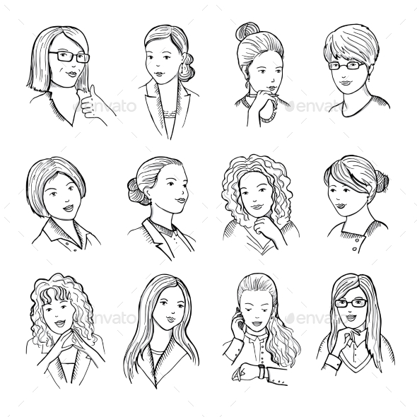 Hand Drawn Peoples with Funny Smiling Faces and - People Characters