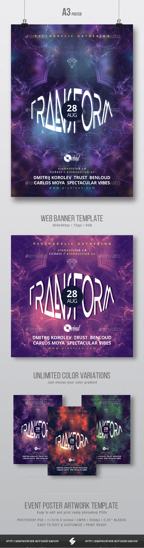 Transform - Psytrance Flyer / Poster Artwork Template A3 - Clubs & Parties Events