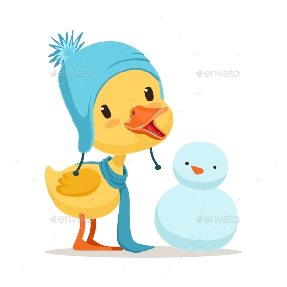 Yellow Duck Chick Wearing Blue Knitted Hat - Animals Characters