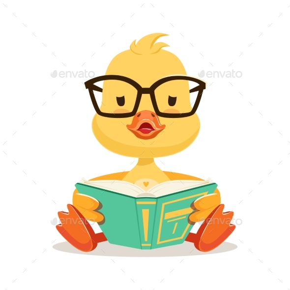 Yellow Duck Chick in Glasses Reading - Animals Characters
