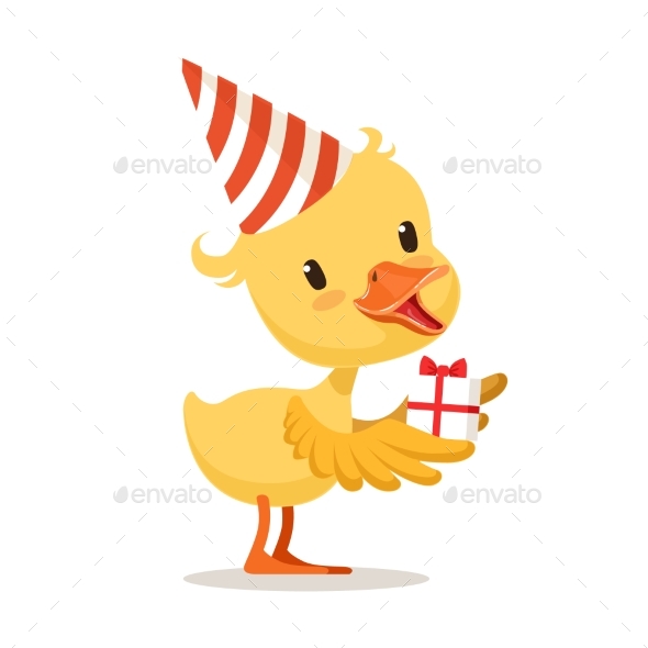 Yellow Duckling in a Party Hat Holding Gift - Animals Characters