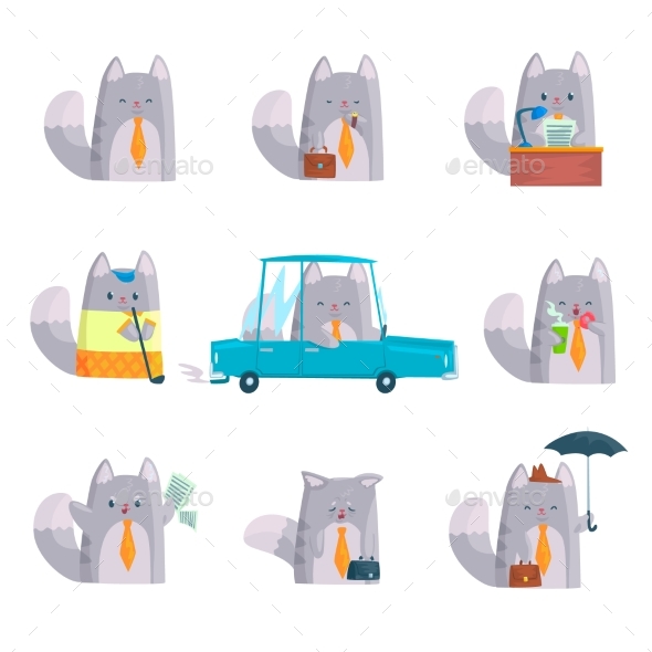 Businessman Cat Character at Work and Rest - Animals Characters