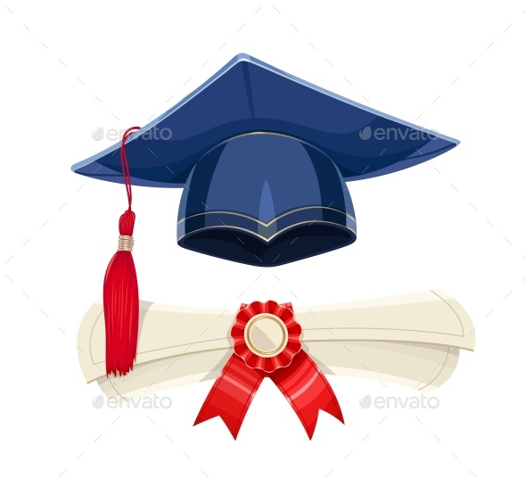 Blue Academicic Graduation Cap and Diploma Scroll - Miscellaneous Conceptual