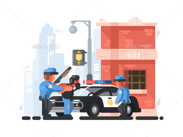 Police Station and Patrol with Detainee - Miscellaneous Vectors