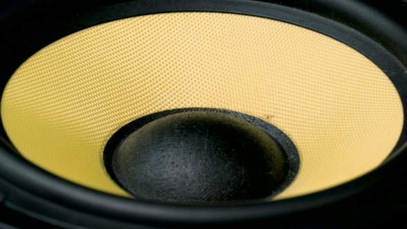 Moving Sub-woofer. Speaker Part. Black and Yellow Colors of Membrane. Concept of Musical alt