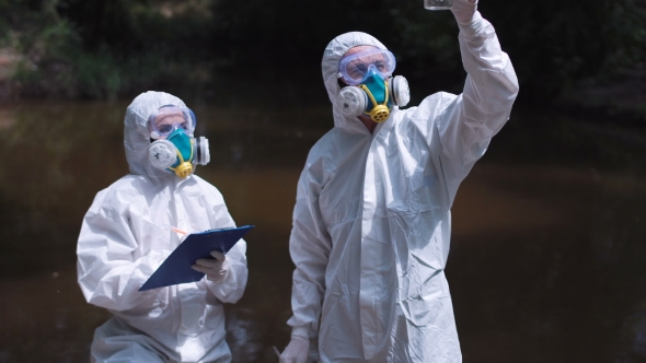 Two Ecological Workers in Biohazard Discuss Water alt