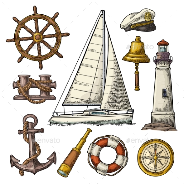 Anchor, Wheel, Sailing Ship and Compass Rose - Miscellaneous Vectors