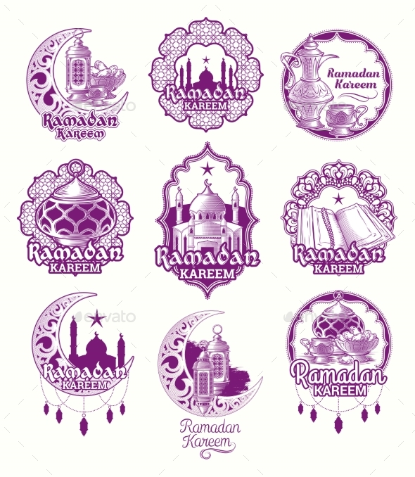 Set Vector Purple Illustrations, Sign for Ramadan - Religion Conceptual