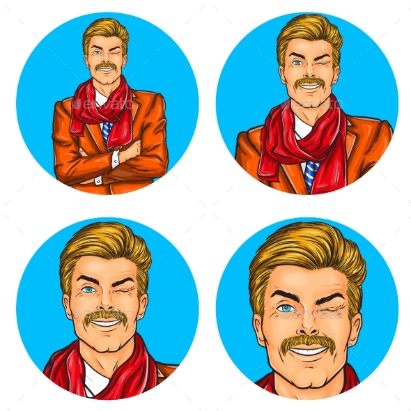 Set of Vector Illustration, Mens Pop Art Round - Web Technology