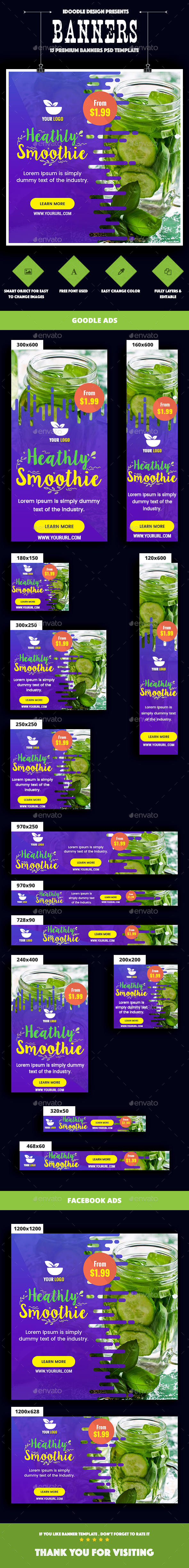Smoothie Bar & Healthy Drinks Shop Banners Ad - Banners & Ads Web Elements