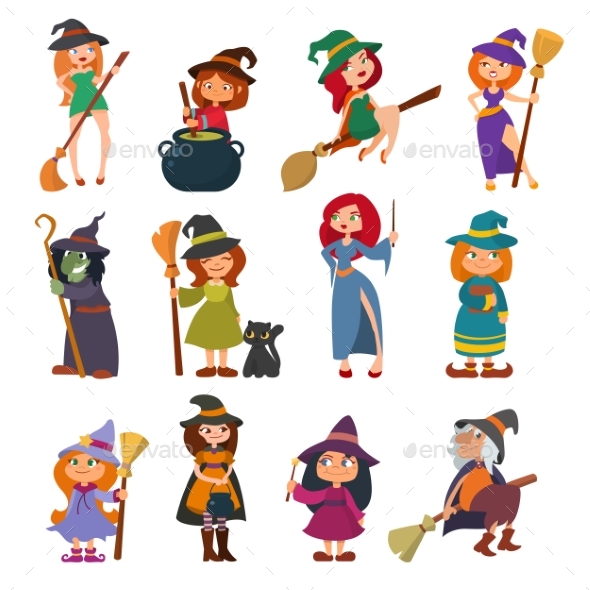 Cute Little Witch Hag Harridan Vixen with Broom - People Characters