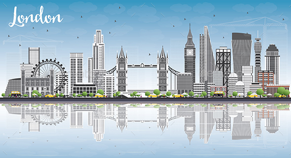 London Skyline with Gray Buildings, Blue Sky and Reflections. - Buildings Objects
