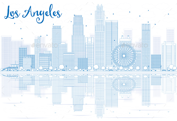 Outline Los Angeles Skyline with Blue Buildings and Reflections - Buildings Objects